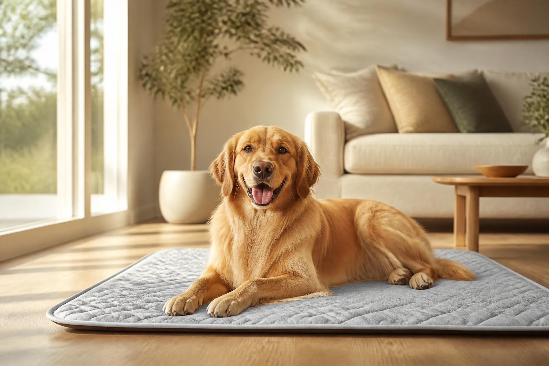 Golden retriever resting on a PawLab cooling mat in a sunlit living room